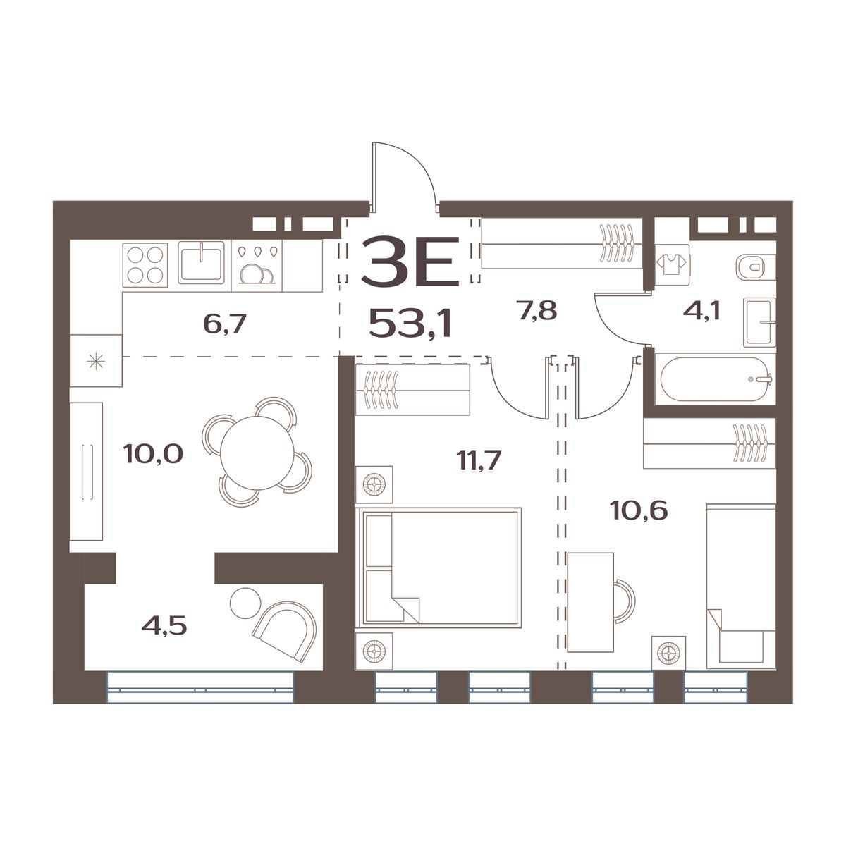 ЖК Меридианы Улисса, 2-комн кв 53,1 м2, за 7 765 000 ₽, 3 этаж